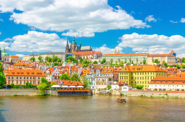 View of Prague old town, historical center with Prague Castle, St. Vitus Cathedral in Hradcany...