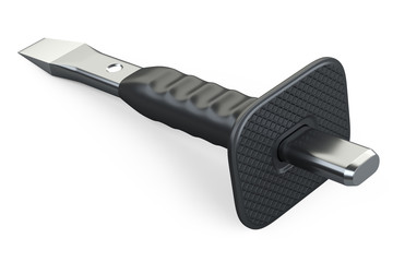 Black steel chisel for cutting metal with rubber protective sleeve for safe work.