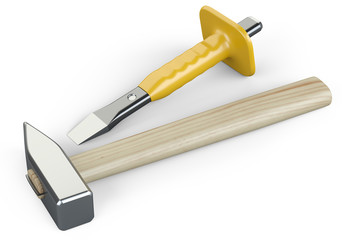 Steel chisel with rubber safety sleeve and large hammer with wooden handle.