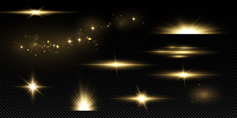 Fototapeta na wymiar Shining golden stars isolated on black background. Effects, glare, lines, glitter, explosion, golden light. Vector illustration