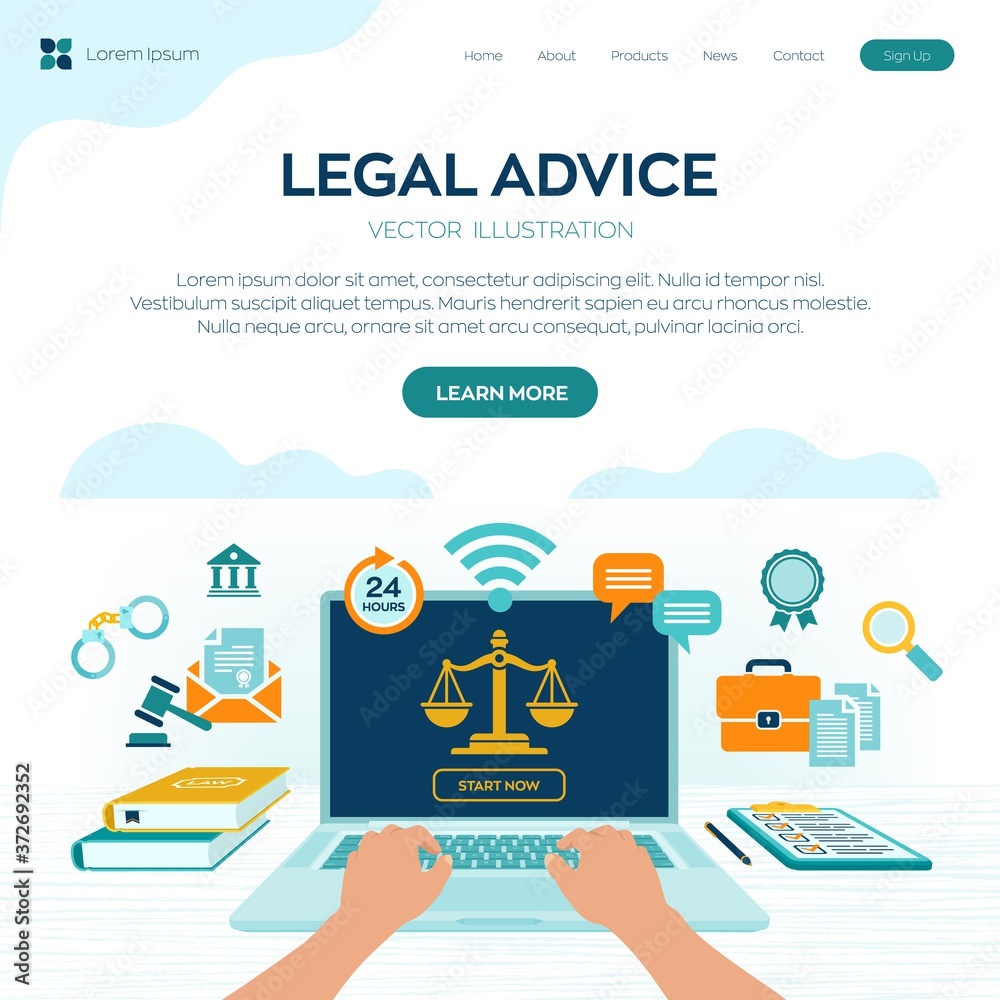 Wall mural Online Legal advice concept. Labor law, Lawyer, Attorney at law. Lawyer website on laptop screen. Professional law attorney consultation online, legal assistance in business. Vector illustration.