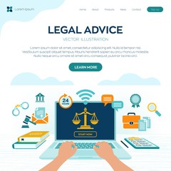 Online Legal advice concept. Labor law, Lawyer, Attorney at law. Lawyer website on laptop screen. Professional law attorney consultation online, legal assistance in business. Vector illustration.
