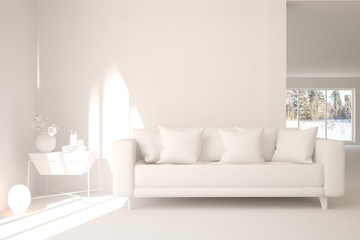 Stylish minimalist room with sofa in white color. Scandinavian interior design. 3D illustration