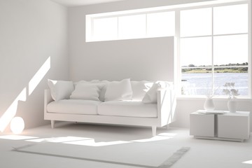 Stylish minimalist room with sofa in white color. Scandinavian interior design. 3D illustration
