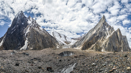 Nuding pyramids, Nuding glacier and Mitre peak, Baltoro glacier, Karakoram, Pakistan