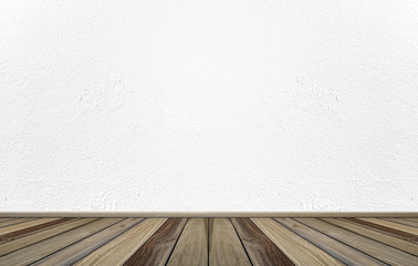 Empty interior room with white cement wall texture and brown wooden floor pattern. Concept interior vintage style