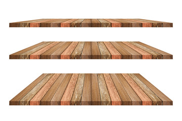 Set of brown wood shelves on isolated white background. Objects with clipping path for design work and decoration