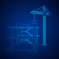 Building under construction with crane. Build house construct in process. Wireframe low poly mesh vector illustration