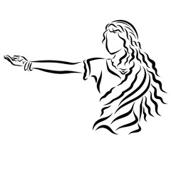 girl in national clothes is calling someone, holding out her hand