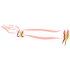 outstretched hand of a woman, with a green and red bracelet