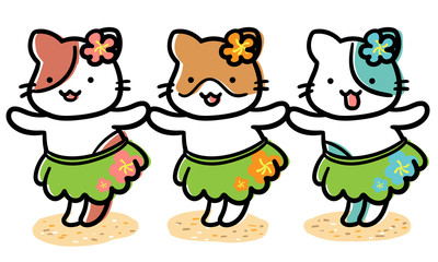 Three cats dancing hula while holding hands