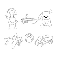 Set of vector illustrations. Toys: car, plane, ship, doll, rabbit, ball. Black outline on a white background.
