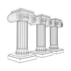 Greek ionic column. Ancient pillars roman antique architecture construction decoration. Wireframe low poly mesh vector illustration.