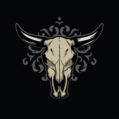 Skull of a bull on a pattern on a dark background. Vector illustration. © makstrv
