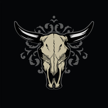 Skull of a bull on a pattern on a dark background. Vector illustration.