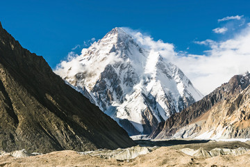 View of K2 mountain and Godwin-Austen glacier from Concordia, Karakoram, Pakistan