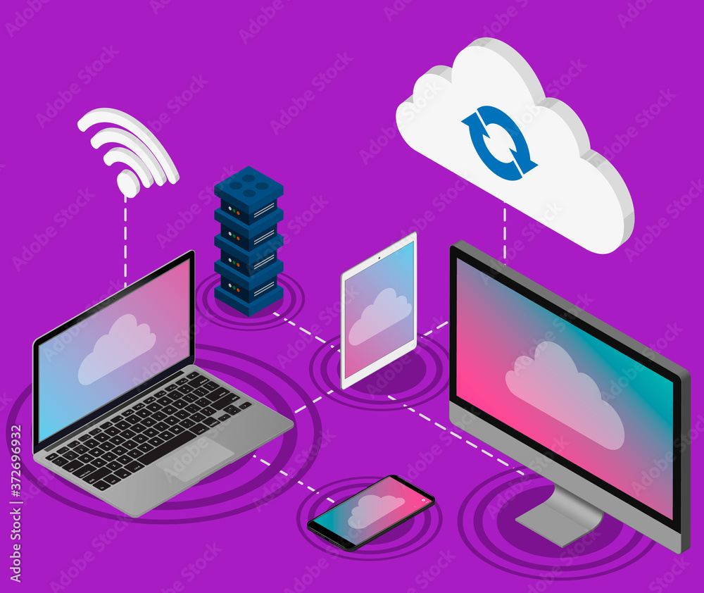 Poster cloud storage concept data transfer. header for website with computer, laptop, smartphone