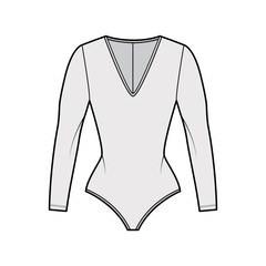 Stretch-jersey bodysuit technical fashion illustration with plunging V-neck, long sleeves, back zip fastening. Flat one-piece apparel template front, grey color. Women men unisex swimsuit CAD. 