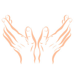 human hands raised to the sky, outline on a white background