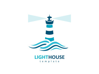 Lighthouse logo silhouette beacon and waves sea