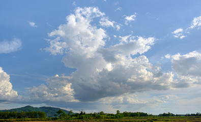 The white clouds have a strange shape and moutain.The sky and the open space have mountains below.Clouds floating above the mountains.