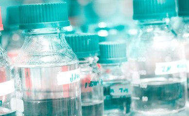 Rows of liquid chemicals in bottles at chemistry