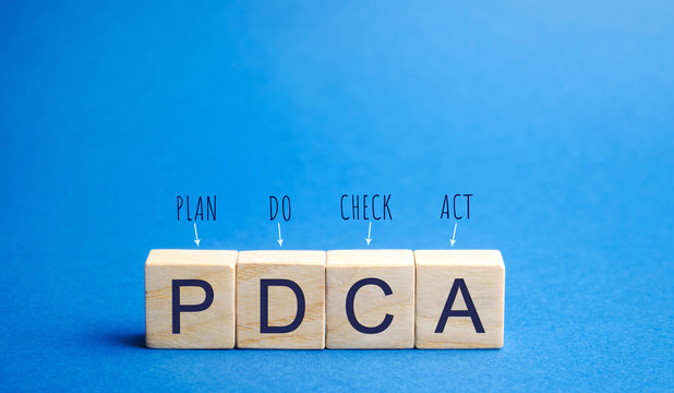 Wooden blocks with words PDCA (Plan do check act). Business goals and strategy concept. Plan, planning. Performance, management and development.