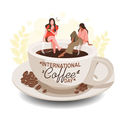 Illustration of International Day of Coffee Women&rsquo;s Enjoying hot coffee on a cup of coffee 