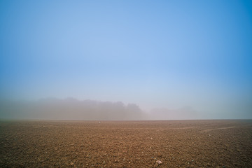 Plowed field in fog