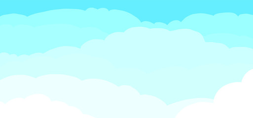 Heavenly blue colored sky and cloud background. Vector drawing clouds sign. Funny cartoon Cloudy heaven cloudscape. Air stroke border pattern. Panorama signs.