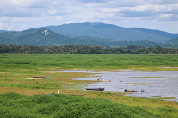 The reservoir at the beginning of the rainy season has little water, green trees and many birds at Eastern of Thailand