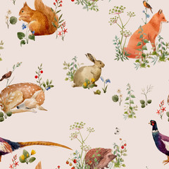 Beautiful vector seamless floral pattern with watercolor forest plants and animals. Stock illustration.