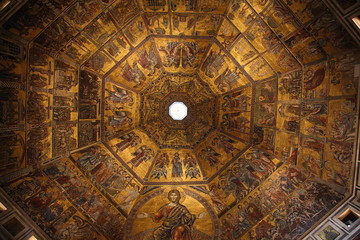 View of Golden mosaic of Jesus Christ on Baptistery of San Giovanni ceiling interior in Florence, Italy - obrazy, fototapety, plakaty