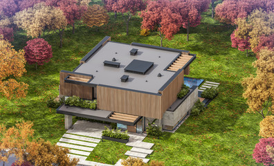 3d rendering of modern cozy house with parking and pool for sale or rent with wood plank facade and beautiful landscaping on background. Clear sunny autumn day with golden leaves anywhere.