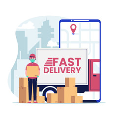 Fast delivery service with red truck and courier in medical mask and gloves delivered the parcel. Flat design vector illustration