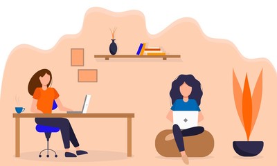 Coworking Space Concept. Coworkers Character Team Working. Office Employees Working with laptop. Business people. Vector illustration.