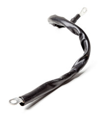 Thick short curved red electric wire in black rubber isolation on a white isolated background. Automotive positive terminal. Auto service industry.