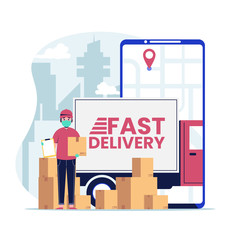 Delivery service with red truck and courier in medical mask and gloves delivered the parcel. Flat design vector illustration