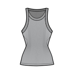 Ribbed racer-back cotton-jersey tank technical fashion illustration with wide scoop neck, fitted knit body, tunic length. Flat camisole template front grey color. Women men unisex shirt top CAD