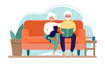 Old couple Stay at home. Senior man and woman sitting on the sofa and reading a book. Pensioners with cat. International Day of Older Persons. Vector Illustration in flat style