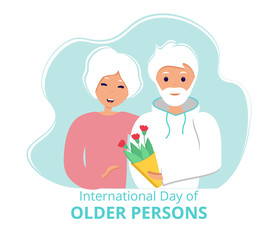 International Day of Older Persons. Old couple. Senior man giving flowers to his wife. Happy pensioners together. Vector Illustration in flat style 