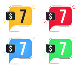 7 dollar price. Yellow, red, blue and green currency tags. Balloon concept with seven dollars.