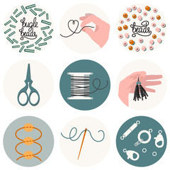 Set of 9 icons for needlework and beading in flat style. Accessories for jewelry, sewing needle, scissors, scheme, hand with thread, spool of thread, beads and lettering. Emblem, logo in natural color