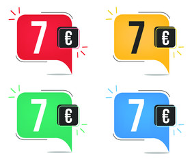 Seven euro price. Yellow, red, blue and green currency tags. Balloon concept.