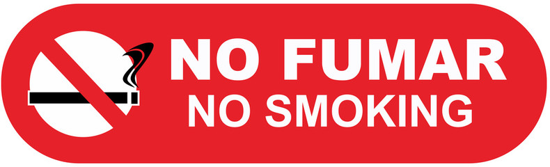 aA sign that says in english and spanish language : no smoking.
