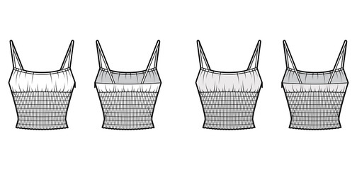 Shirred top technical fashion illustration with scoop neck cami, adjustable shoulder straps, elasticated at the waist. Flat tank apparel template front, back, white grey color. Women, men unisex shirt