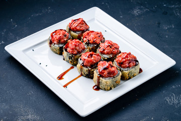 sushi roll close up for menu on grey background