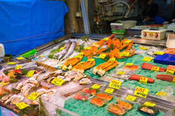 Seafood stall in the Tsukiji Market, Tokyo, Japan