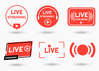 Set of red live streaming vector templates on white background for social media, label, sticker or logo. Eps 10 vector - obrazy, fototapety, plakaty