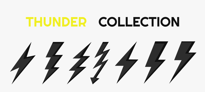 Set of thunderbolt black icon templates, lightning for electricity and charge. Simple lightening symbol. Eps 10 vector